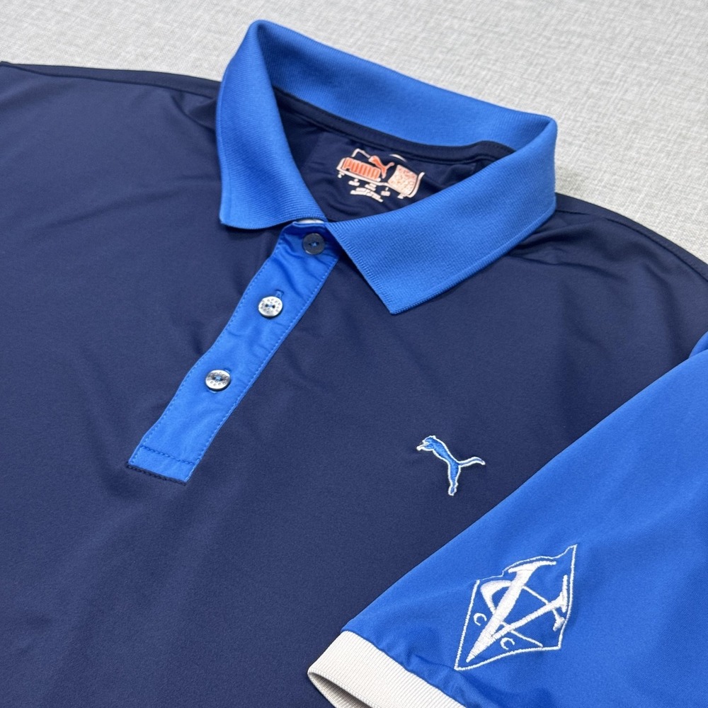 Puma Golf Polo Shirt Mens Large Blue Polyester Spandex Colorblock Tagless Active
